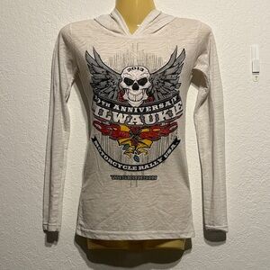 Classy JR Milwaukee Motorcycle Rally Hoodie Long Sleeve Skull Graphic Top S Bike